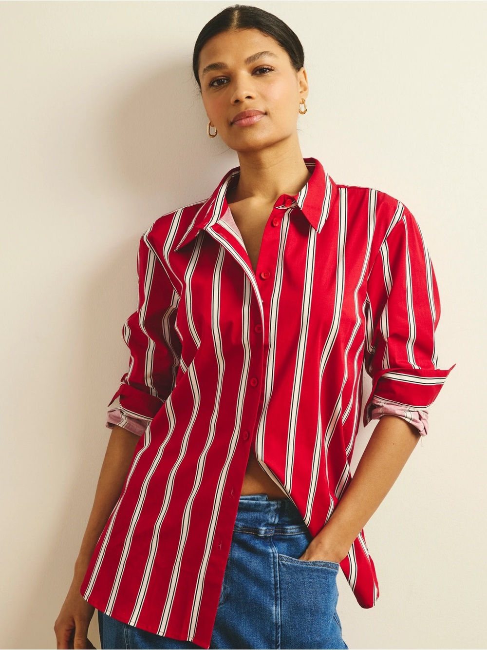 Universal Standard The Artist Poplin Shirt Red/Black/White Stripe Size L, 22-24